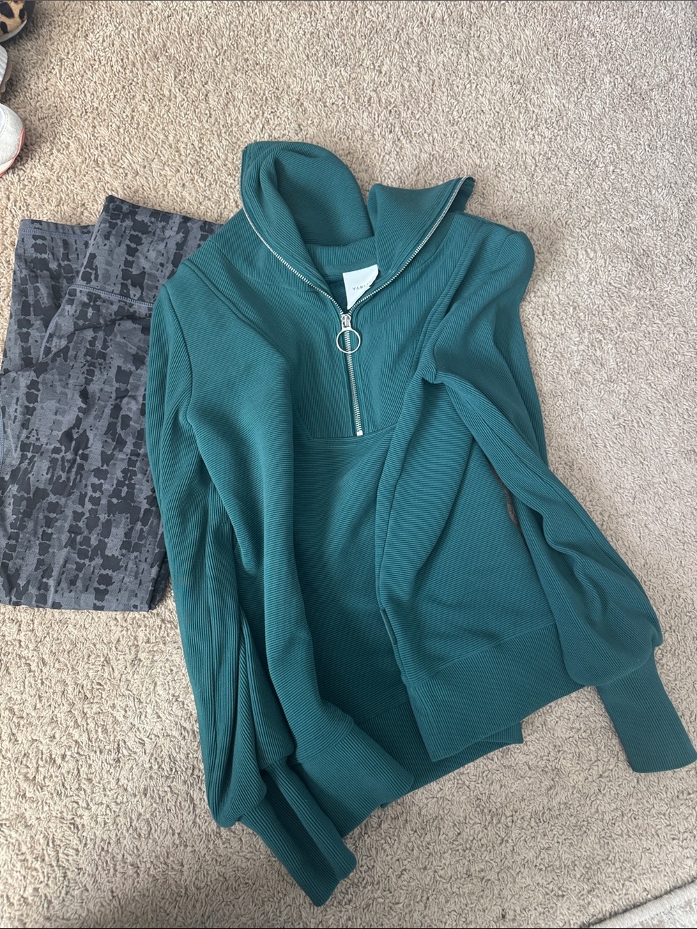 Varley Teal Half-Zip Cowl Pullover Sweater and leggings set
